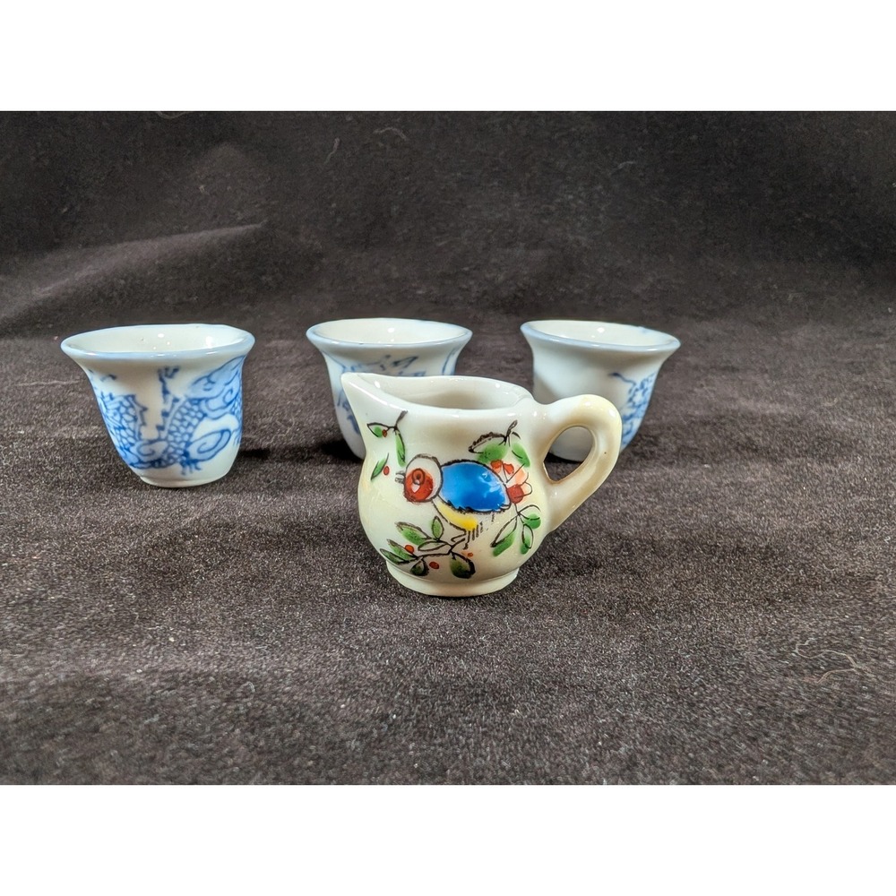 Vintage Miniature Porcelain Tea Set 3‎ Dragon Cups 1 Bird Creamer Made in Japano
